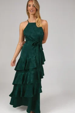 Satin Jacquard Ruffle Halter Neck Bridesmaids Dress
