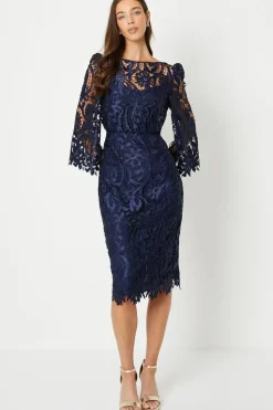 Satin Lace Boat Neck Midi Dress With Fluted Sleeve