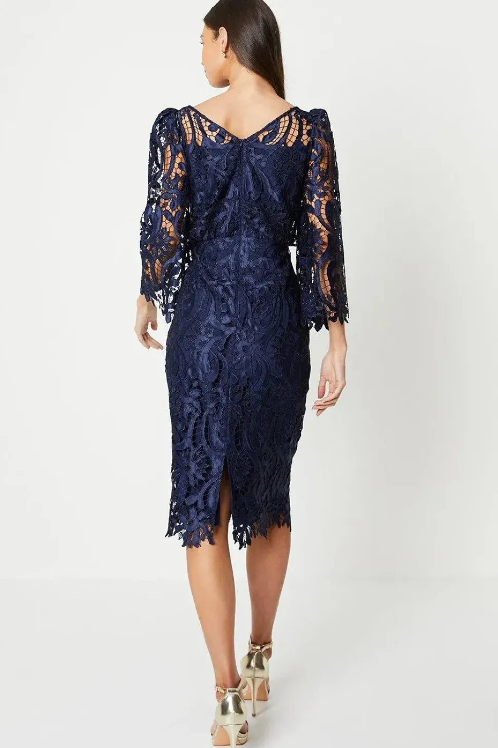 Satin Lace Boat Neck Midi Dress With Fluted Sleeve