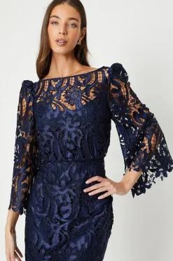 Satin Lace Boat Neck Midi Dress With Fluted Sleeve