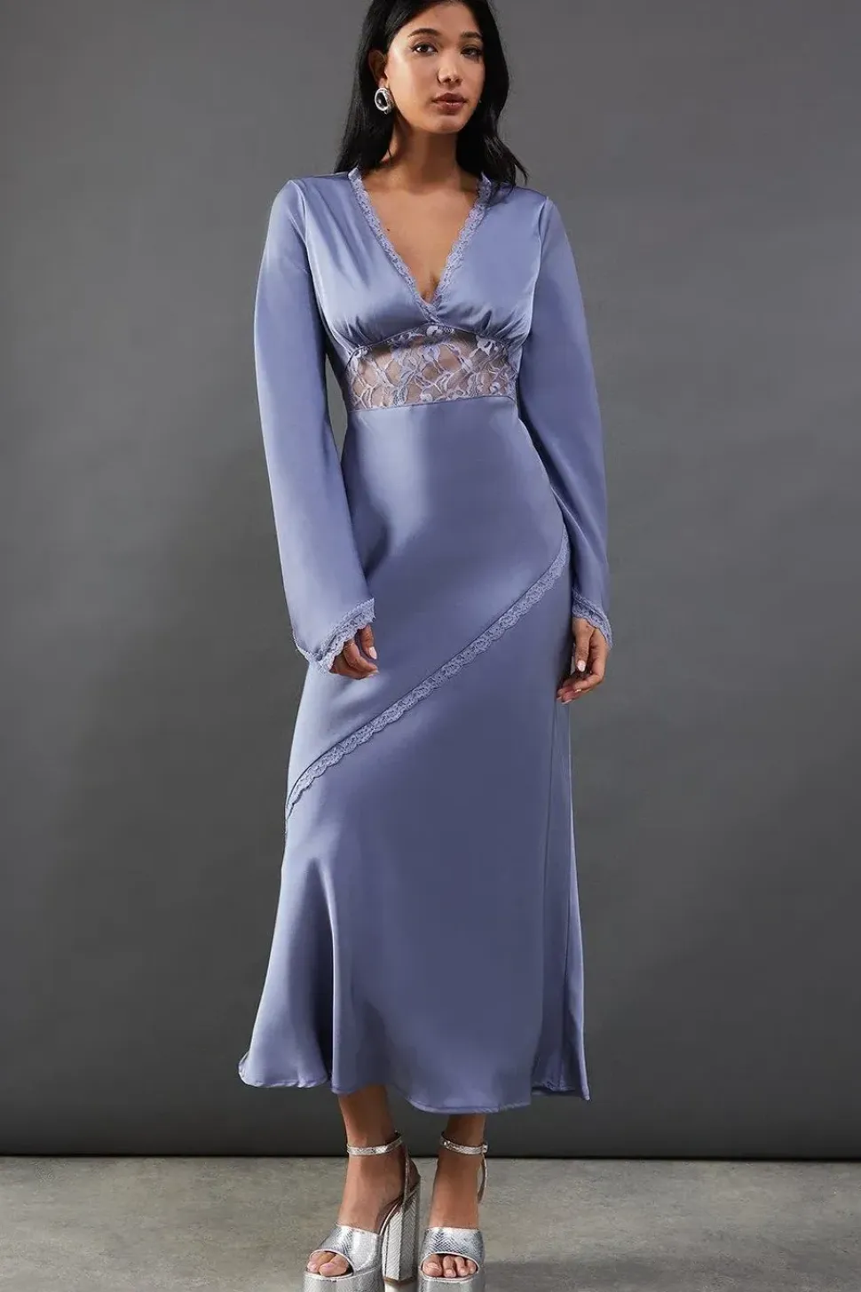 Satin Lace Insert Flute Sleeve Midi Dress