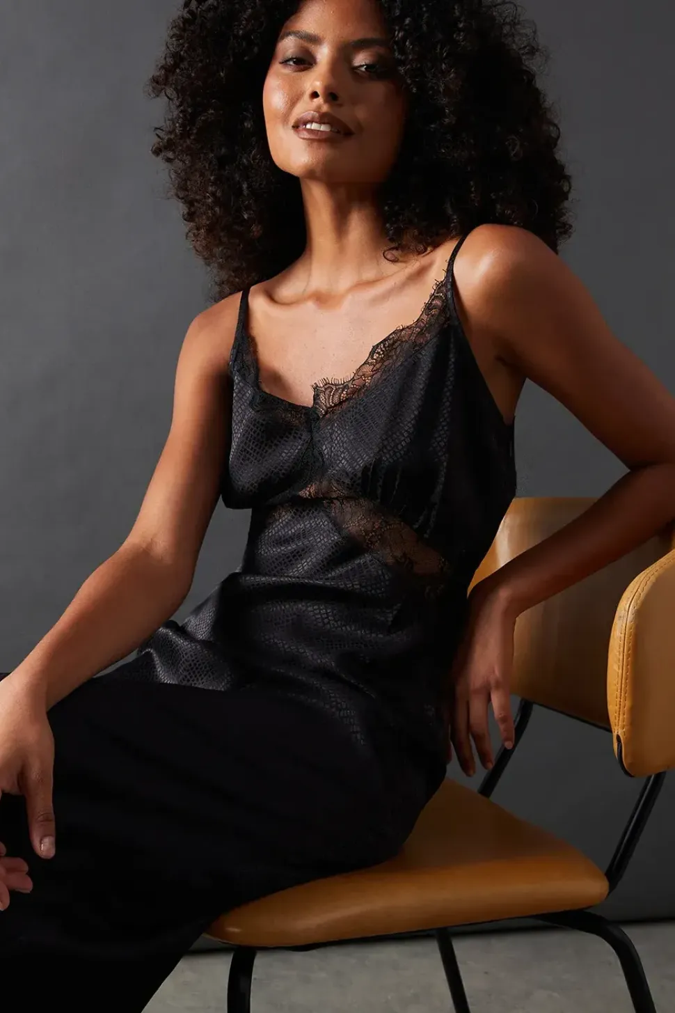 Satin Lace Insert Strappy Camisole Midi Slip Dress