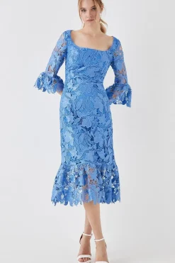 Satin Lace Long Sleeve Midi Dress