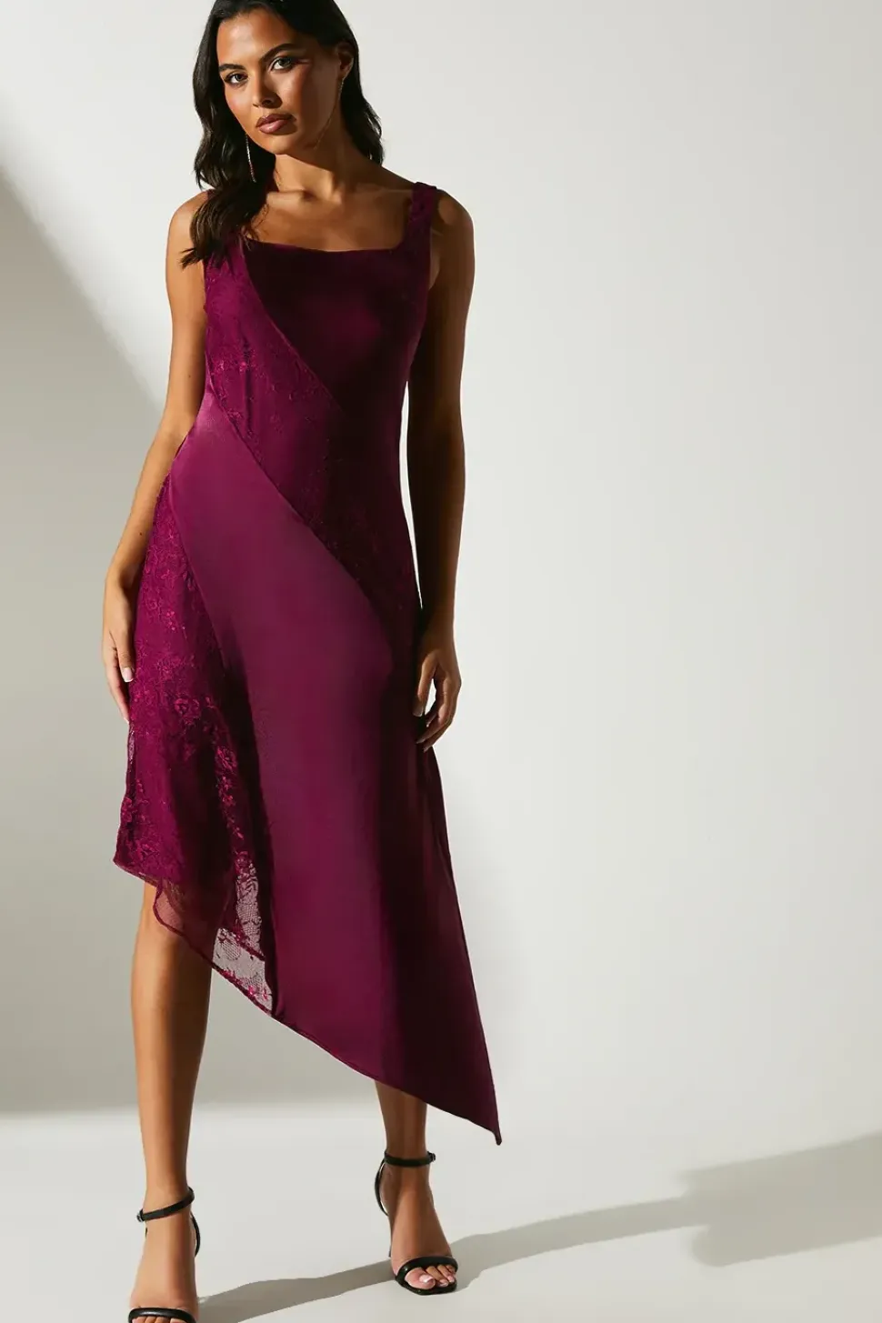Satin Lace Mix Midi Wedding Guest Dress With Asymmetric Hem