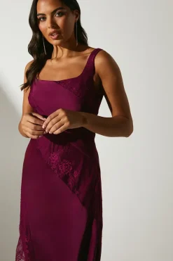 Satin Lace Mix Midi Wedding Guest Dress With Asymmetric Hem