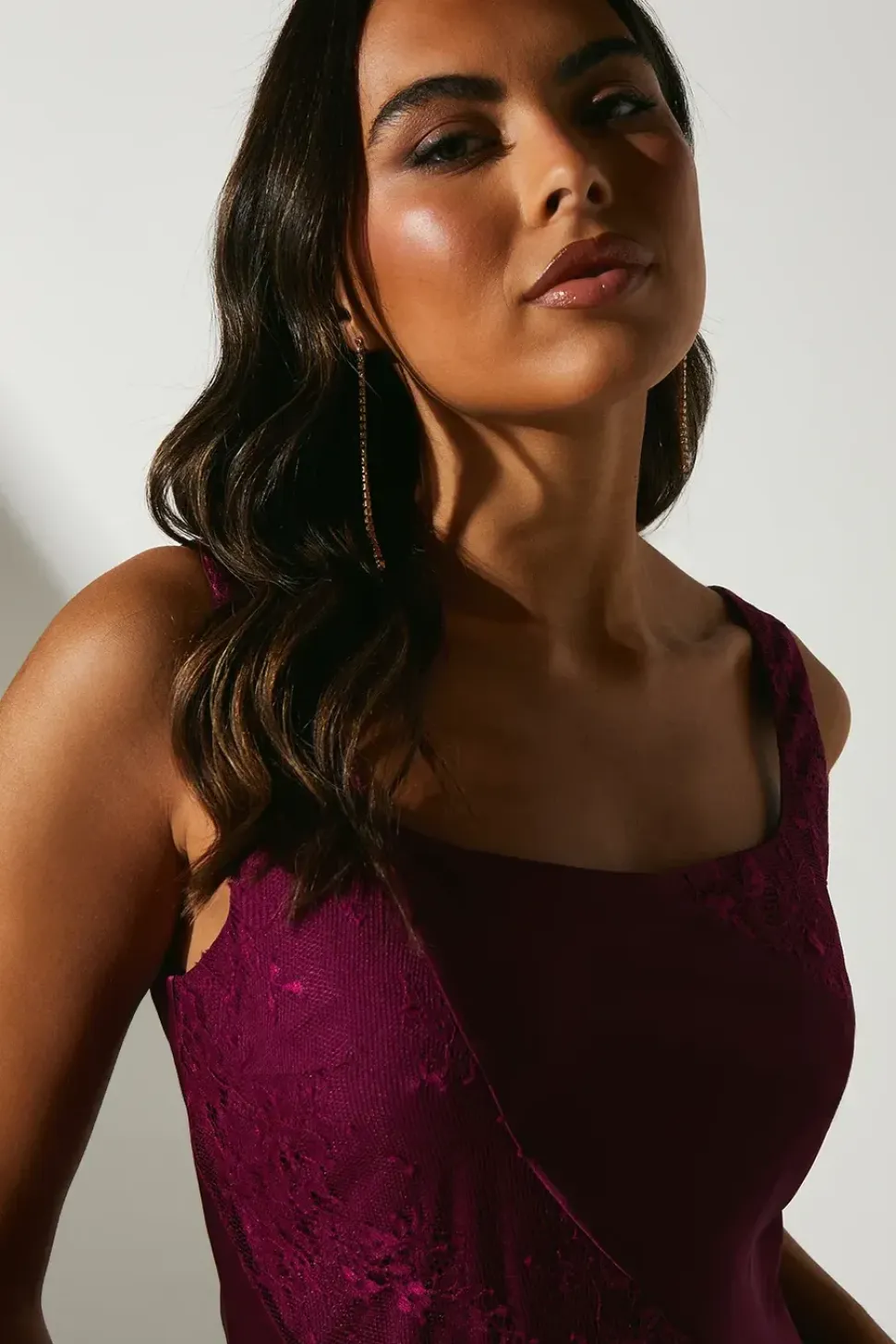 Satin Lace Mix Midi Wedding Guest Dress With Asymmetric Hem