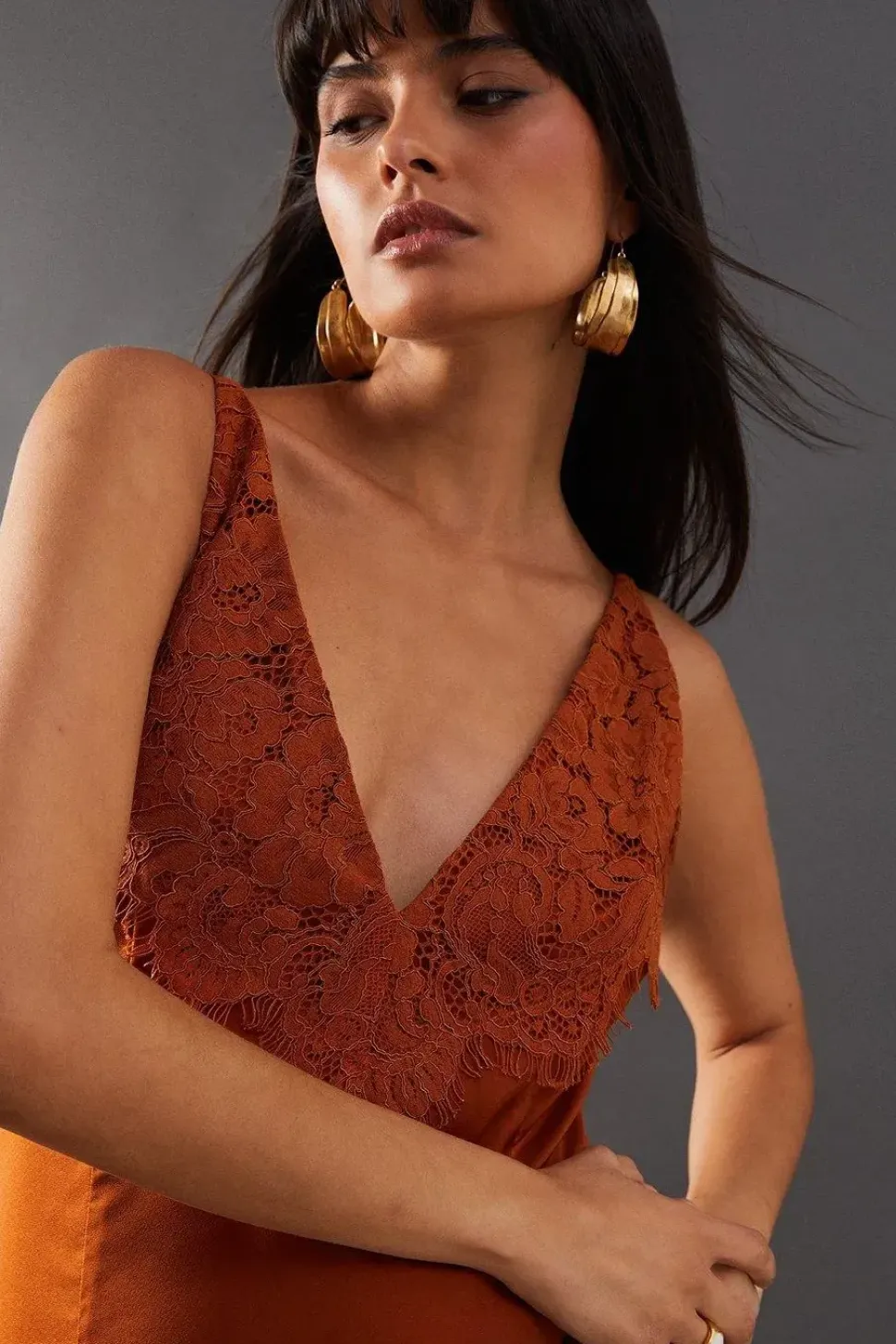 Satin Lace Panelling Maxi Slip Dress