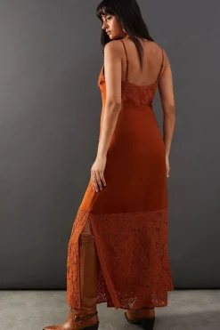 Satin Lace Panelling Maxi Slip Dress