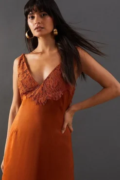 Satin Lace Panelling Maxi Slip Dress
