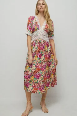 Satin Lace Tea Midi Dress In Floral
