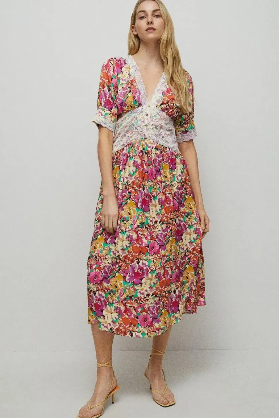 Satin Lace Tea Midi Dress In Floral