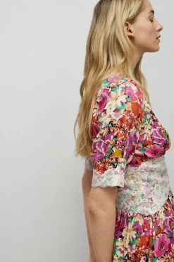 Satin Lace Tea Midi Dress In Floral