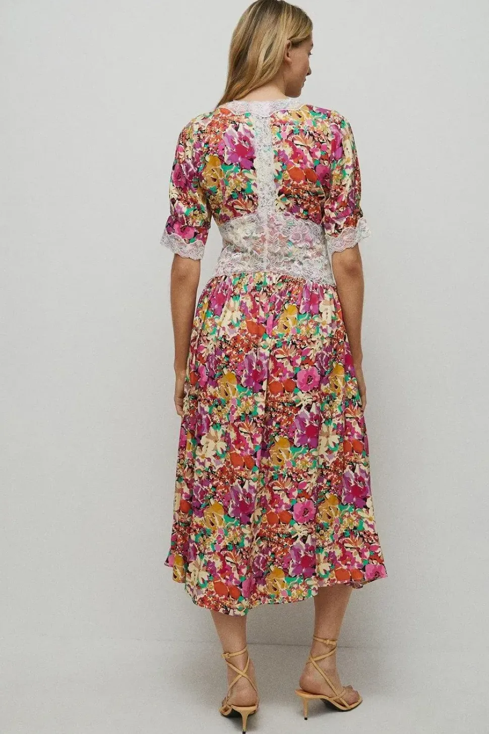 Satin Lace Tea Midi Dress In Floral