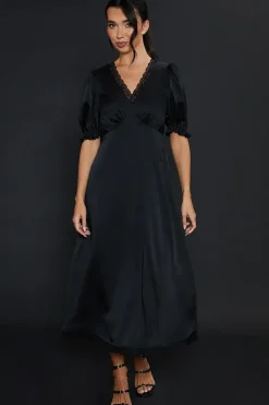 Satin Lace Trim Midi Dress