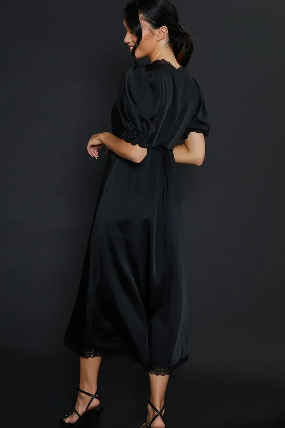 Satin Lace Trim Midi Dress