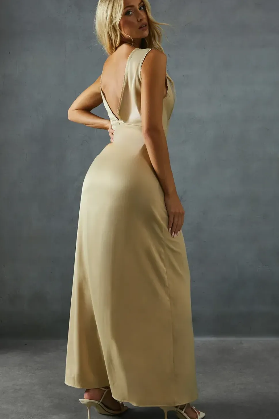 Satin Lace Trim Tie Detail Maxi Dress