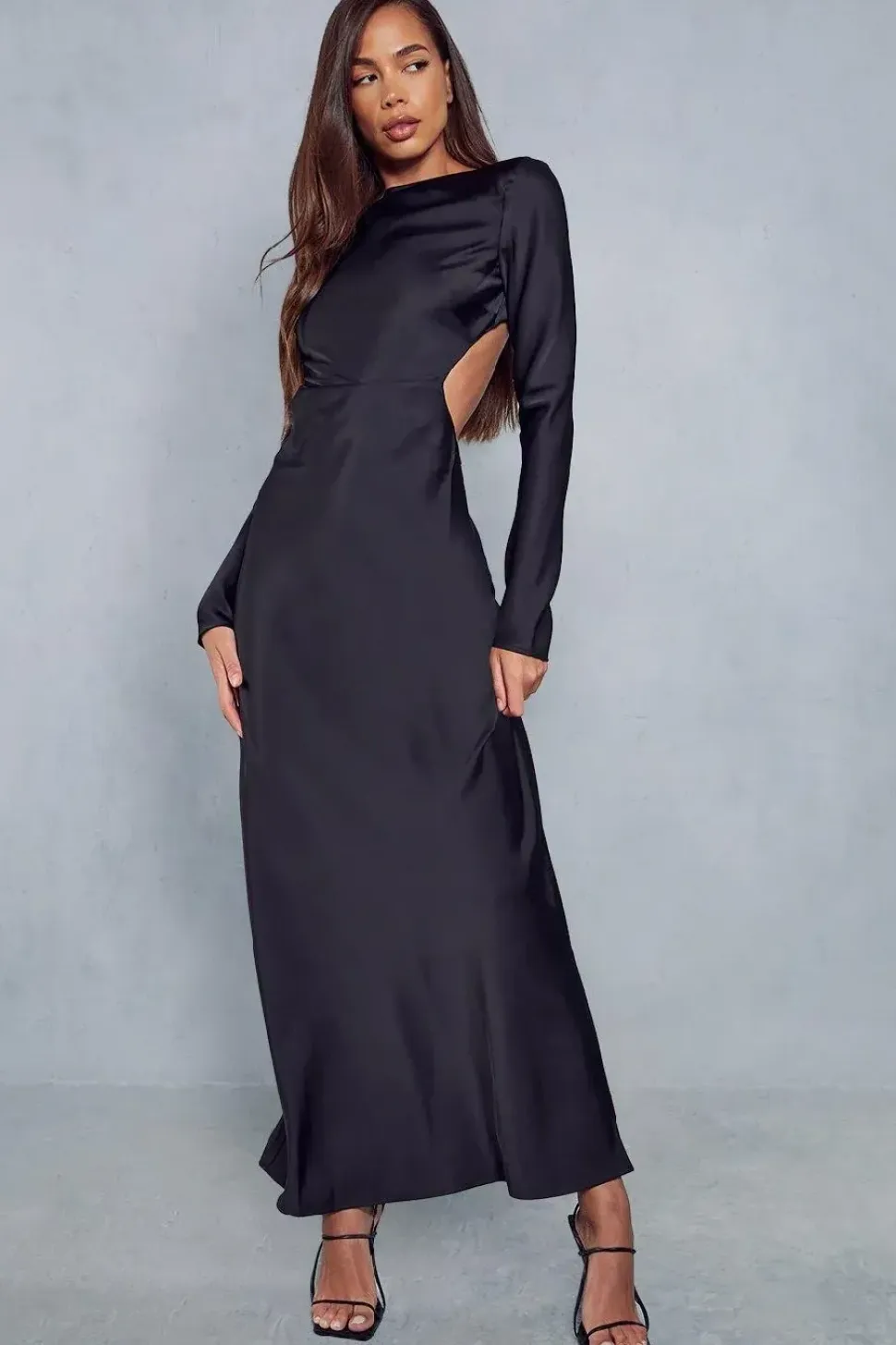 Satin Long Sleeve Backless Slash Neck Maxi Dress