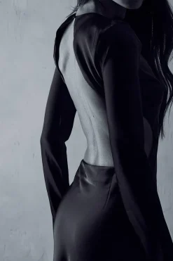 Satin Long Sleeve Backless Slash Neck Maxi Dress