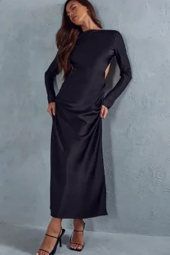 Satin Long Sleeve Backless Slash Neck Maxi Dress