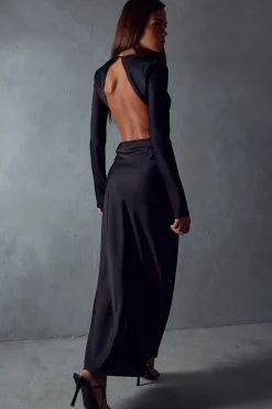 Satin Long Sleeve Backless Slash Neck Maxi Dress