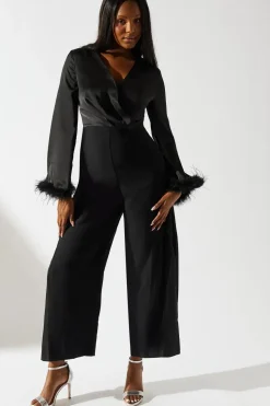 Satin Long Sleeve Jumpsuit With Feather Cuff