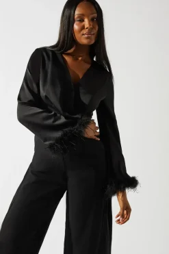 Satin Long Sleeve Jumpsuit With Feather Cuff