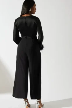 Satin Long Sleeve Jumpsuit With Feather Cuff