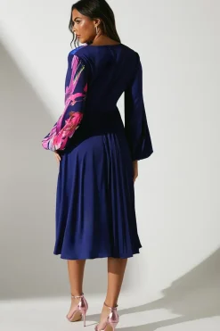 Satin Long Sleeve Printed Midi Wedding Guest Dress