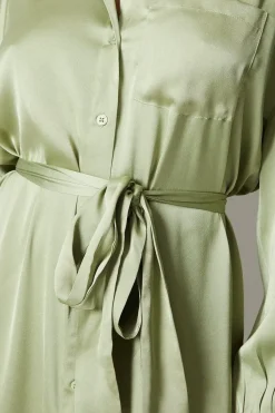 Satin Midi Belted Shirt Dress