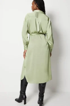 Satin Midi Belted Shirt Dress
