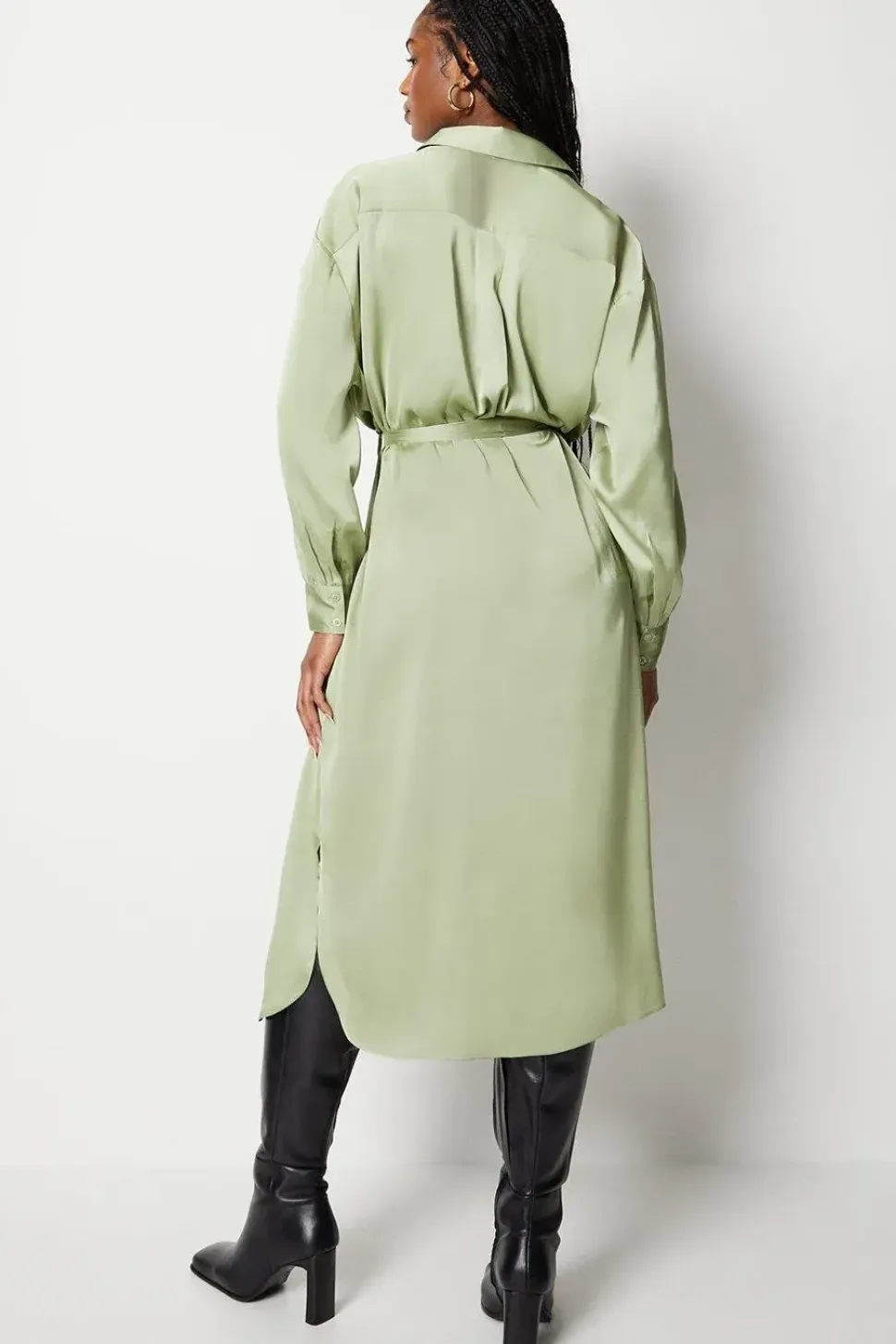 Satin Midi Belted Shirt Dress