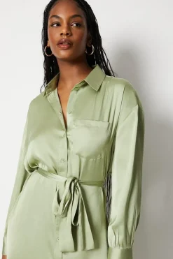 Satin Midi Belted Shirt Dress