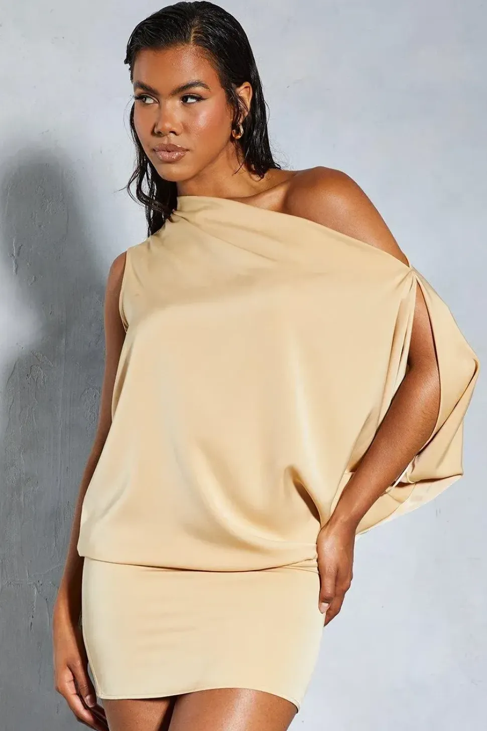 Satin Off Shoulder Asymmetric Bodycon Mini Dress