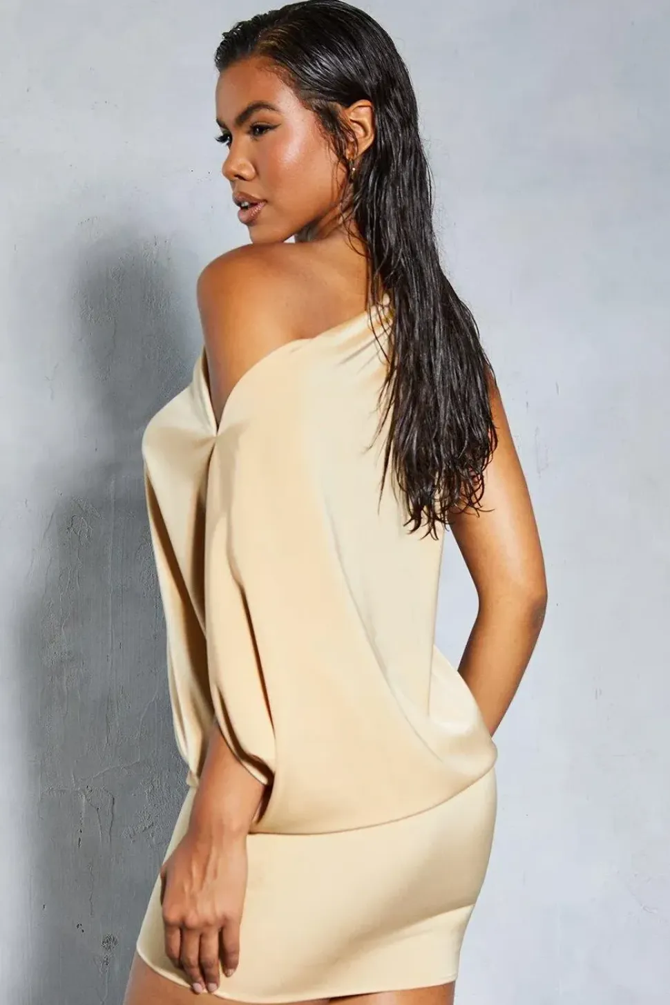 Satin Off Shoulder Asymmetric Bodycon Mini Dress