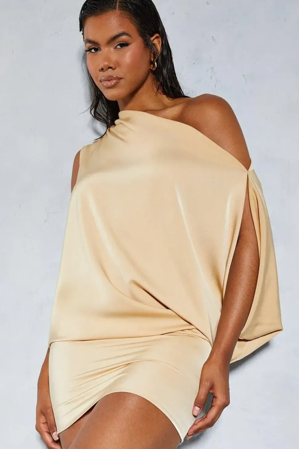 Satin Off Shoulder Asymmetric Bodycon Mini Dress