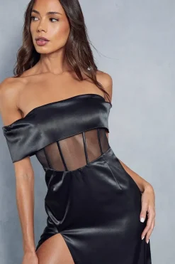Satin Off The Shoulder Mesh Corset Insert Maxi Dress