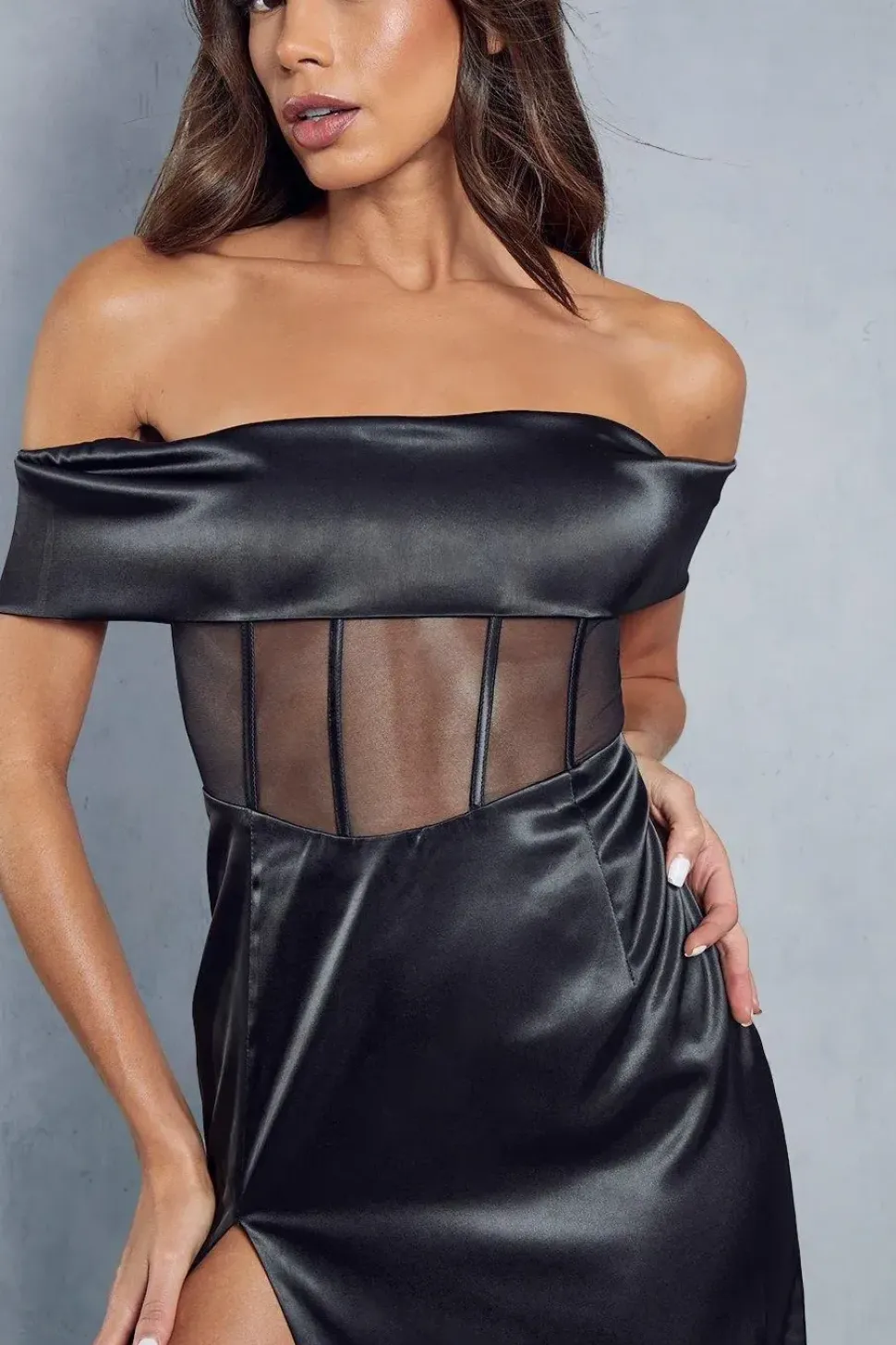 Satin Off The Shoulder Mesh Corset Insert Maxi Dress