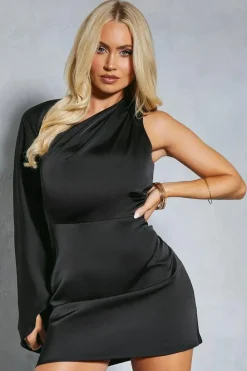 Satin One Shoulder Asymmetric Flare Sleeve Mini Dress
