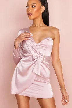 satin one shoulder diamante buckle dress