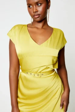 Satin Pencil Dress With Pleat Side