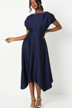 Satin Pleat Shoulder Handkerchief Hem Midi Dress
