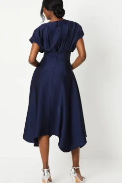 Satin Pleat Shoulder Handkerchief Hem Midi Dress