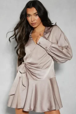 Satin Plunge Layered Frill Skirt Tie Side Wrap Mini Dress