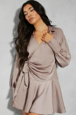 Satin Plunge Layered Frill Skirt Tie Side Wrap Mini Dress