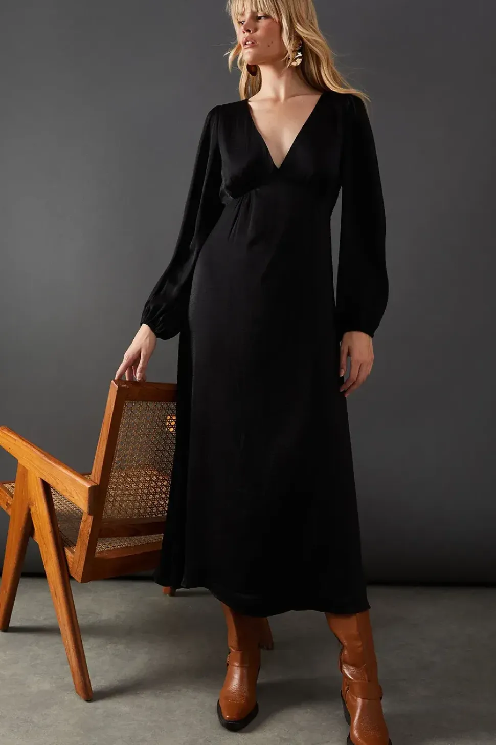 Satin Plunge Neck Midi Dress