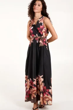 Satin Print Double V Wrap Dress