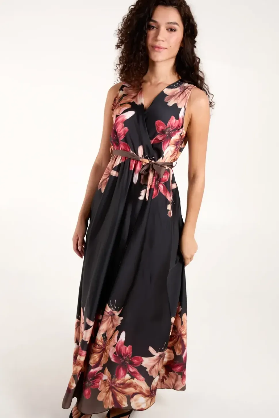 Satin Print Double V Wrap Dress