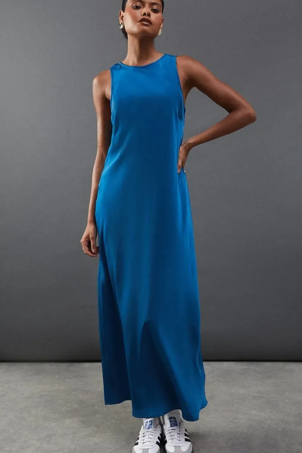 Satin Racer Neck Bias Midi Slip Dress