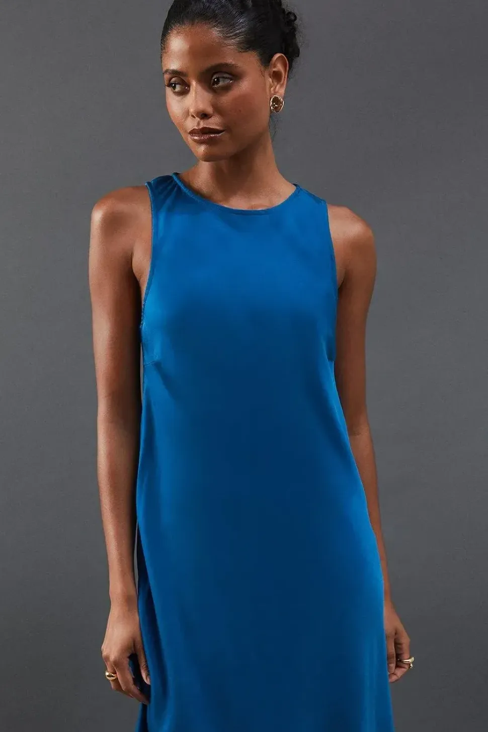 Satin Racer Neck Bias Midi Slip Dress