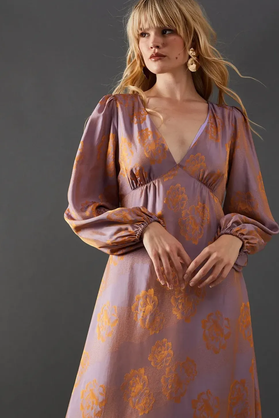 Satin Rose Jacquard Plunge Neck Midi Dress